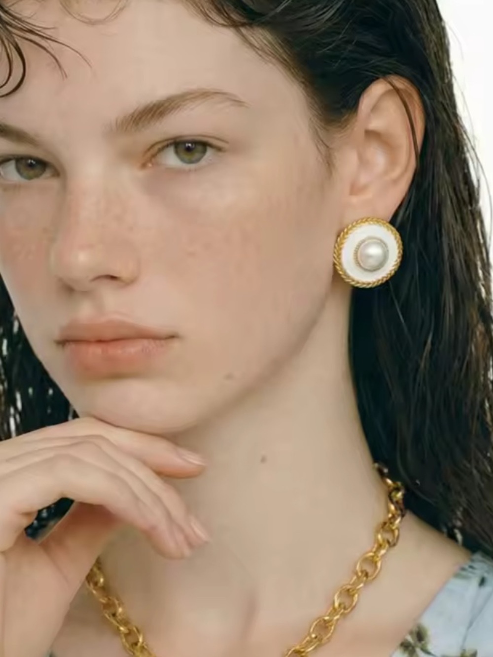 White Pearl Gold Button Earrings